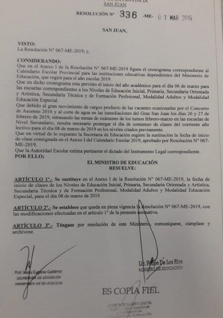 <h6>Resolución N° 336</h6> Rectifica el inicio del Ciclo Lectivo 2019 para el 8 de marzo